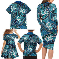 Polynesian Hibiscus Tropical Blue Floral Family Matching Long Sleeve Bodycon Dress and Hawaiian Shirt Tribal Pattern - Polynesian Pride
