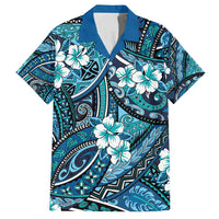 Polynesian Hibiscus Tropical Blue Floral Family Matching Long Sleeve Bodycon Dress and Hawaiian Shirt Tribal Pattern - Polynesian Pride