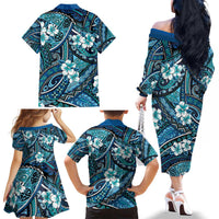 Polynesian Hibiscus Tropical Blue Floral Family Matching Off The Shoulder Long Sleeve Dress and Hawaiian Shirt Tribal Pattern LT01 - Polynesian Pride