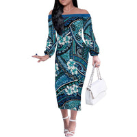 Polynesian Hibiscus Tropical Blue Floral Family Matching Off The Shoulder Long Sleeve Dress and Hawaiian Shirt Tribal Pattern LT01 Mom's Dress Blue - Polynesian Pride