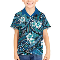 Polynesian Hibiscus Tropical Blue Floral Family Matching Off The Shoulder Long Sleeve Dress and Hawaiian Shirt Tribal Pattern LT01 Son's Shirt Blue - Polynesian Pride