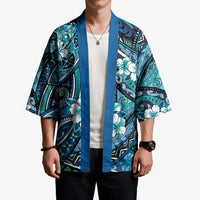 Polynesian Hibiscus Tropical Blue Floral Kimono Tribal Pattern - Polynesian Pride