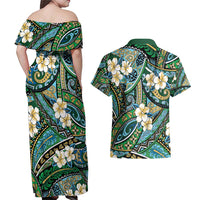 Polynesian Hibiscus Tropical Green Floral Couples Matching Off Shoulder Maxi Dress and Hawaiian Shirt Tribal Pattern - Polynesian Pride