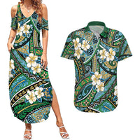 Polynesian Hibiscus Tropical Green Floral Couples Matching Summer Maxi Dress and Hawaiian Shirt Tribal Pattern - Polynesian Pride
