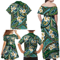 Polynesian Hibiscus Tropical Green Floral Family Matching Off Shoulder Maxi Dress and Hawaiian Shirt Tribal Pattern - Polynesian Pride
