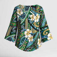 Polynesian Hibiscus Tropical Green Floral Kimono Sleeve Blouse Tribal Pattern - Polynesian Pride