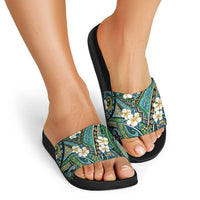 Polynesian Hibiscus Tropical Green Floral Slide Sandals Tribal Pattern - Polynesian Pride