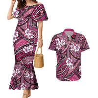 Polynesian Hibiscus Tropical Pink Floral Couples Matching Mermaid Dress and Hawaiian Shirt Tribal Pattern - Polynesian Pride