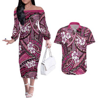 Polynesian Hibiscus Tropical Pink Floral Couples Matching Off The Shoulder Long Sleeve Dress and Hawaiian Shirt Tribal Pattern - Polynesian Pride