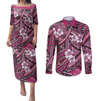 Polynesian Hibiscus Tropical Pink Floral Couples Matching Puletasi and Long Sleeve Button Shirt Tribal Pattern - Polynesian Pride