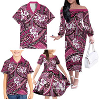 Polynesian Hibiscus Tropical Pink Floral Family Matching Off The Shoulder Long Sleeve Dress and Hawaiian Shirt Tribal Pattern - Polynesian Pride