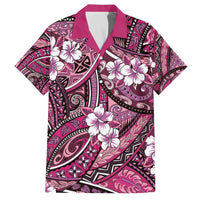 Polynesian Hibiscus Tropical Pink Floral Family Matching Off The Shoulder Long Sleeve Dress and Hawaiian Shirt Tribal Pattern - Polynesian Pride