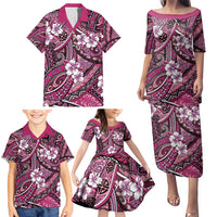 Polynesian Hibiscus Tropical Pink Floral Family Matching Puletasi and Hawaiian Shirt Tribal Pattern - Polynesian Pride
