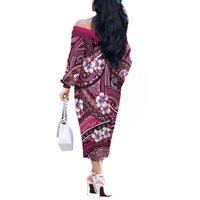 Polynesian Hibiscus Tropical Pink Floral Off The Shoulder Long Sleeve Dress Tribal Pattern - Polynesian Pride