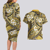 Polynesian Hibiscus Tropical Yellow Floral Couples Matching Long Sleeve Bodycon Dress and Hawaiian Shirt Tribal Pattern - Polynesian Pride