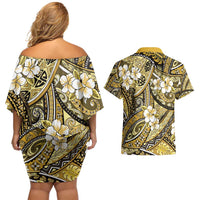 Polynesian Hibiscus Tropical Yellow Floral Couples Matching Off Shoulder Short Dress and Hawaiian Shirt Tribal Pattern - Polynesian Pride