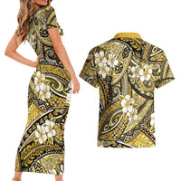 Polynesian Hibiscus Tropical Yellow Floral Couples Matching Short Sleeve Bodycon Dress and Hawaiian Shirt Tribal Pattern - Polynesian Pride