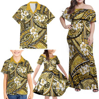 Polynesian Hibiscus Tropical Yellow Floral Family Matching Off Shoulder Maxi Dress and Hawaiian Shirt Tribal Pattern - Polynesian Pride