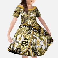 Polynesian Hibiscus Tropical Yellow Floral Kid Short Sleeve Dress Tribal Pattern - Polynesian Pride