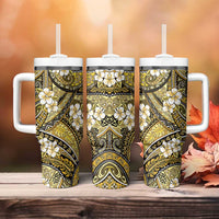 Polynesian Hibiscus Tropical Yellow Floral Tumbler With Handle Tribal Pattern - Polynesian Pride