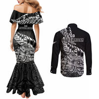 New Zealand Silver Fern Rugby Couples Matching Mermaid Dress and Long Sleeve Button Shirts Aotearoa Kiwi Maori Black Version LT01 - Polynesian Pride