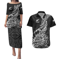 New Zealand Silver Fern Rugby Couples Matching Puletasi Dress and Hawaiian Shirt Aotearoa Kiwi Maori Black Version LT01 Black - Polynesian Pride