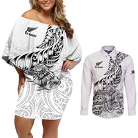 New Zealand Silver Fern Rugby Couples Matching Off Shoulder Short Dress and Long Sleeve Button Shirts Aotearoa Kiwi Maori White Version LT01 White - Polynesian Pride