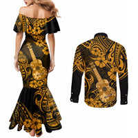 Hawaii Ukulele Couples Matching Mermaid Dress and Long Sleeve Button Shirts Polynesian Pattern Gold Version LT01 - Polynesian Pride