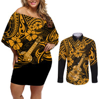 Hawaii Ukulele Couples Matching Off Shoulder Short Dress and Long Sleeve Button Shirts Polynesian Pattern Gold Version LT01 Gold - Polynesian Pride
