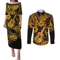 Hawaii Ukulele Couples Matching Puletasi Dress and Long Sleeve Button Shirts Polynesian Pattern Gold Version LT01 Gold - Polynesian Pride