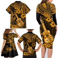Hawaii Ukulele Family Matching Long Sleeve Bodycon Dress and Hawaiian Shirt Polynesian Pattern Gold Version LT01 - Polynesian Pride