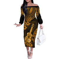 Hawaii Ukulele Family Matching Off Shoulder Long Sleeve Dress and Hawaiian Shirt Polynesian Pattern Gold Version LT01 Mom's Dress Gold - Polynesian Pride