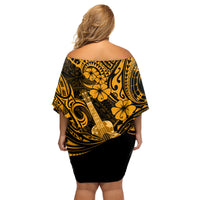Hawaii Ukulele Family Matching Off Shoulder Short Dress and Hawaiian Shirt Polynesian Pattern Gold Version LT01 - Polynesian Pride