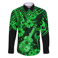 Hawaii Ukulele Family Matching Long Sleeve Bodycon Dress and Hawaiian Shirt Polynesian Pattern Green Version LT01 Dad's Shirt - Long Sleeve Green - Polynesian Pride