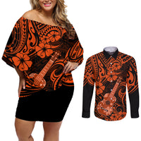 Hawaii Ukulele Couples Matching Off Shoulder Short Dress and Long Sleeve Button Shirts Polynesian Pattern Orange Version LT01 Orange - Polynesian Pride