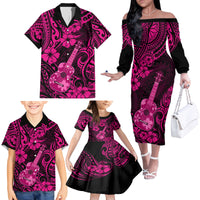 Hawaii Ukulele Family Matching Off Shoulder Long Sleeve Dress and Hawaiian Shirt Polynesian Pattern Pink Version LT01 - Polynesian Pride