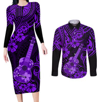 Hawaii Ukulele Couples Matching Long Sleeve Bodycon Dress and Long Sleeve Button Shirts Polynesian Pattern Purple Version LT01 Purple - Polynesian Pride