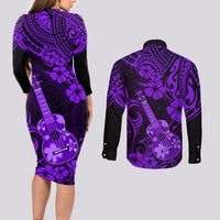 Hawaii Ukulele Couples Matching Long Sleeve Bodycon Dress and Long Sleeve Button Shirts Polynesian Pattern Purple Version LT01 - Polynesian Pride