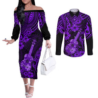 Hawaii Ukulele Couples Matching Off The Shoulder Long Sleeve Dress and Long Sleeve Button Shirts Polynesian Pattern Purple Version LT01 Purple - Polynesian Pride