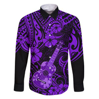 Hawaii Ukulele Family Matching Off Shoulder Maxi Dress and Hawaiian Shirt Polynesian Pattern Purple Version LT01 Dad's Shirt - Long Sleeve Purple - Polynesian Pride
