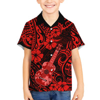 Hawaii Ukulele Family Matching Short Sleeve Bodycon Dress and Hawaiian Shirt Polynesian Pattern Red Version LT01 Son's Shirt Red - Polynesian Pride