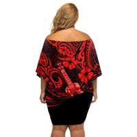 Hawaii Ukulele Off Shoulder Short Dress Polynesian Pattern Red Version LT01 - Polynesian Pride