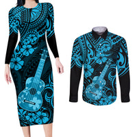 Hawaii Ukulele Couples Matching Long Sleeve Bodycon Dress and Long Sleeve Button Shirts Polynesian Pattern Sky Blue Version LT01 Blue - Polynesian Pride