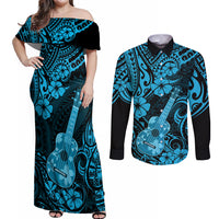 Hawaii Ukulele Couples Matching Off Shoulder Maxi Dress and Long Sleeve Button Shirts Polynesian Pattern Sky Blue Version LT01 Blue - Polynesian Pride