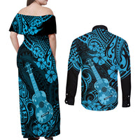 Hawaii Ukulele Couples Matching Off Shoulder Maxi Dress and Long Sleeve Button Shirts Polynesian Pattern Sky Blue Version LT01 - Polynesian Pride
