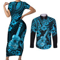 Hawaii Ukulele Couples Matching Short Sleeve Bodycon Dress and Long Sleeve Button Shirts Polynesian Pattern Sky Blue Version LT01 Blue - Polynesian Pride