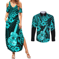 Hawaii Ukulele Couples Matching Summer Maxi Dress and Long Sleeve Button Shirts Polynesian Pattern Turquoise Version LT01 Turquoise - Polynesian Pride