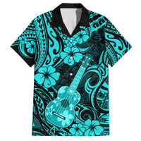 Hawaii Ukulele Family Matching Summer Maxi Dress and Hawaiian Shirt Polynesian Pattern Turquoise Version LT01 Dad's Shirt - Short Sleeve Turquoise - Polynesian Pride