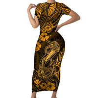 Hawaii Fish Hook Short Sleeve Bodycon Dress Polynesian Pattern Gold Version LT01 Long Dress Gold - Polynesian Pride