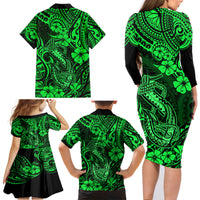Hawaii Fish Hook Family Matching Long Sleeve Bodycon Dress and Hawaiian Shirt Polynesian Pattern Green Version LT01 - Polynesian Pride